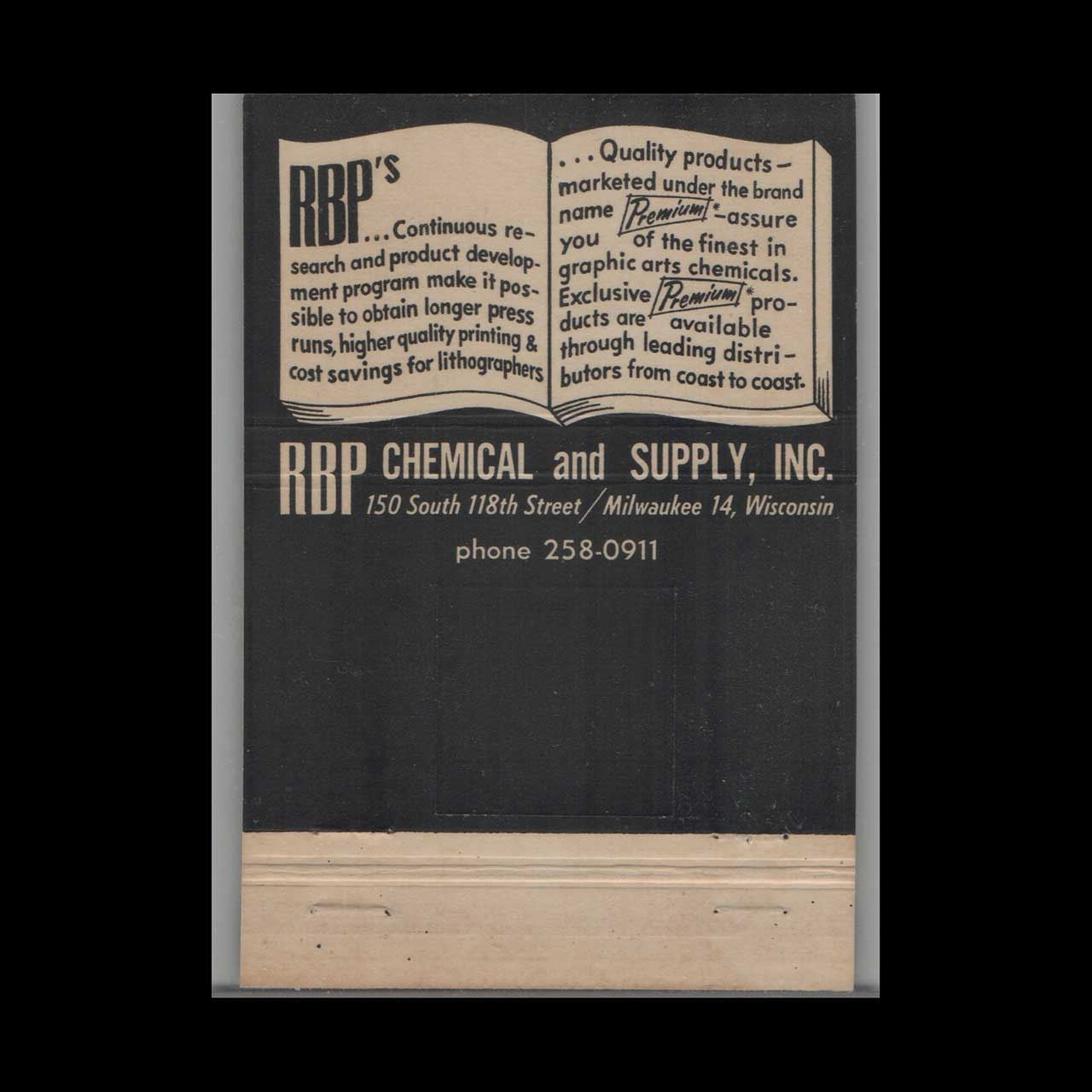 Matchbook Cover RBP Lithographic Chemicals City Milwaukee WI Matchbook Cover RBP Lithographic Chemicals City Milwaukee WI