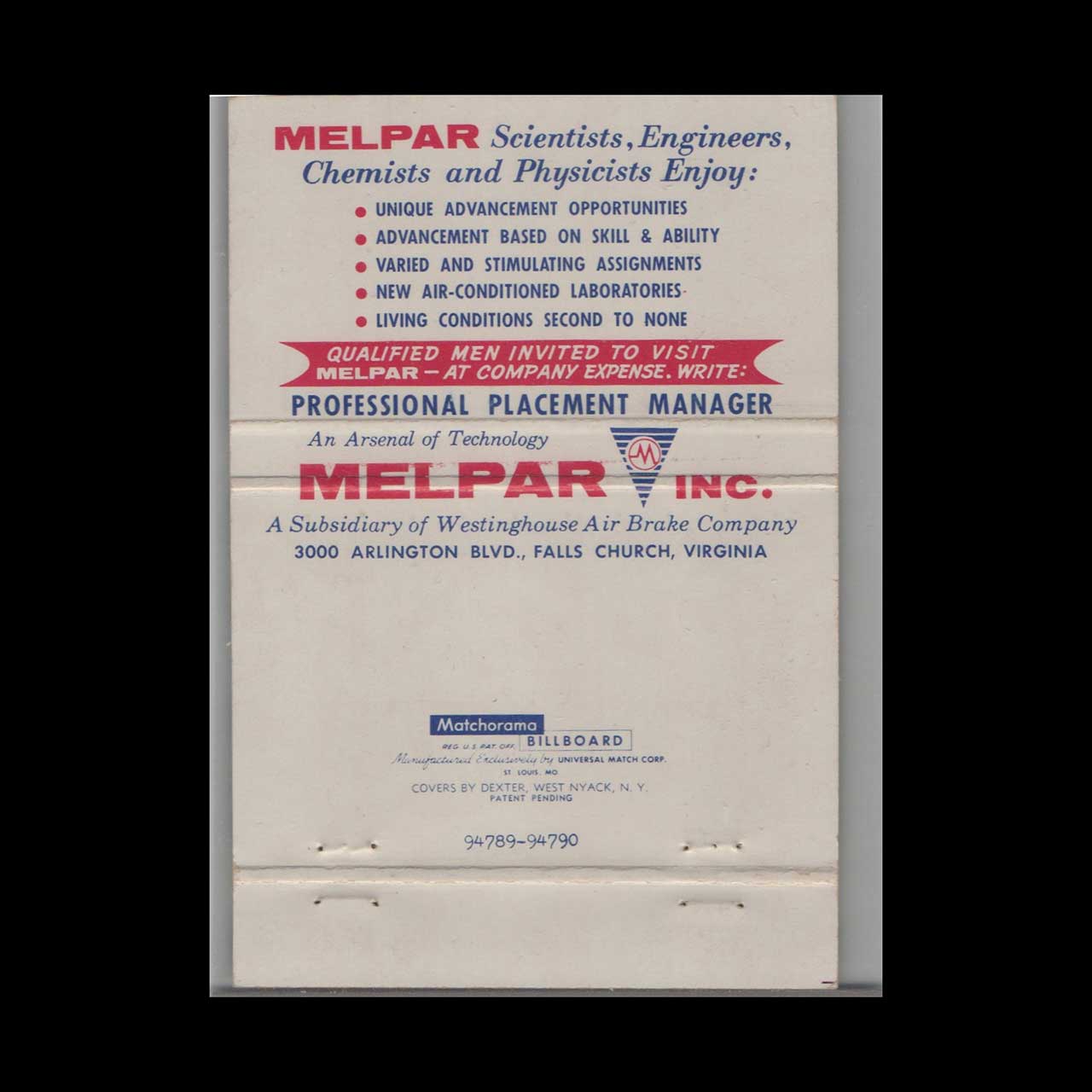 Matchbook Cover Melpar Incorporated Falls Church VA Matchbook Cover Melpar Incorporated Falls Church VA