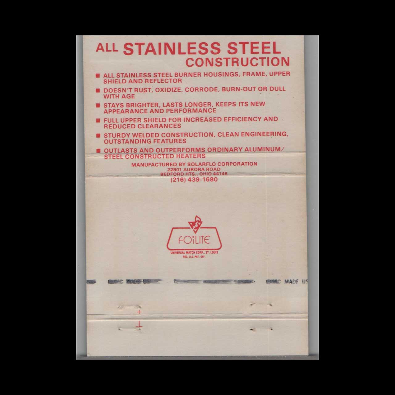 Matchbook Cover Solarflo Infra Red Heating Bedford Heights OH Matchbook Cover Solarflo Infra Red Heating Bedford Heights OH