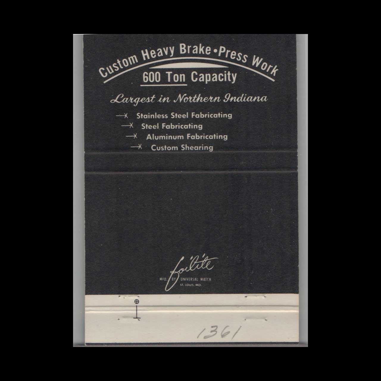 Matchbook Cover Industrial Metal Fab Inc South Bend IN White Matchbook Cover Industrial Metal Fab Inc South Bend IN White