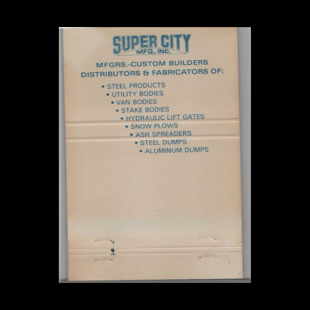 Matchbook Cover Super City MFG Inc Somerset PA Matchbook Cover Super City MFG Inc Somerset PA