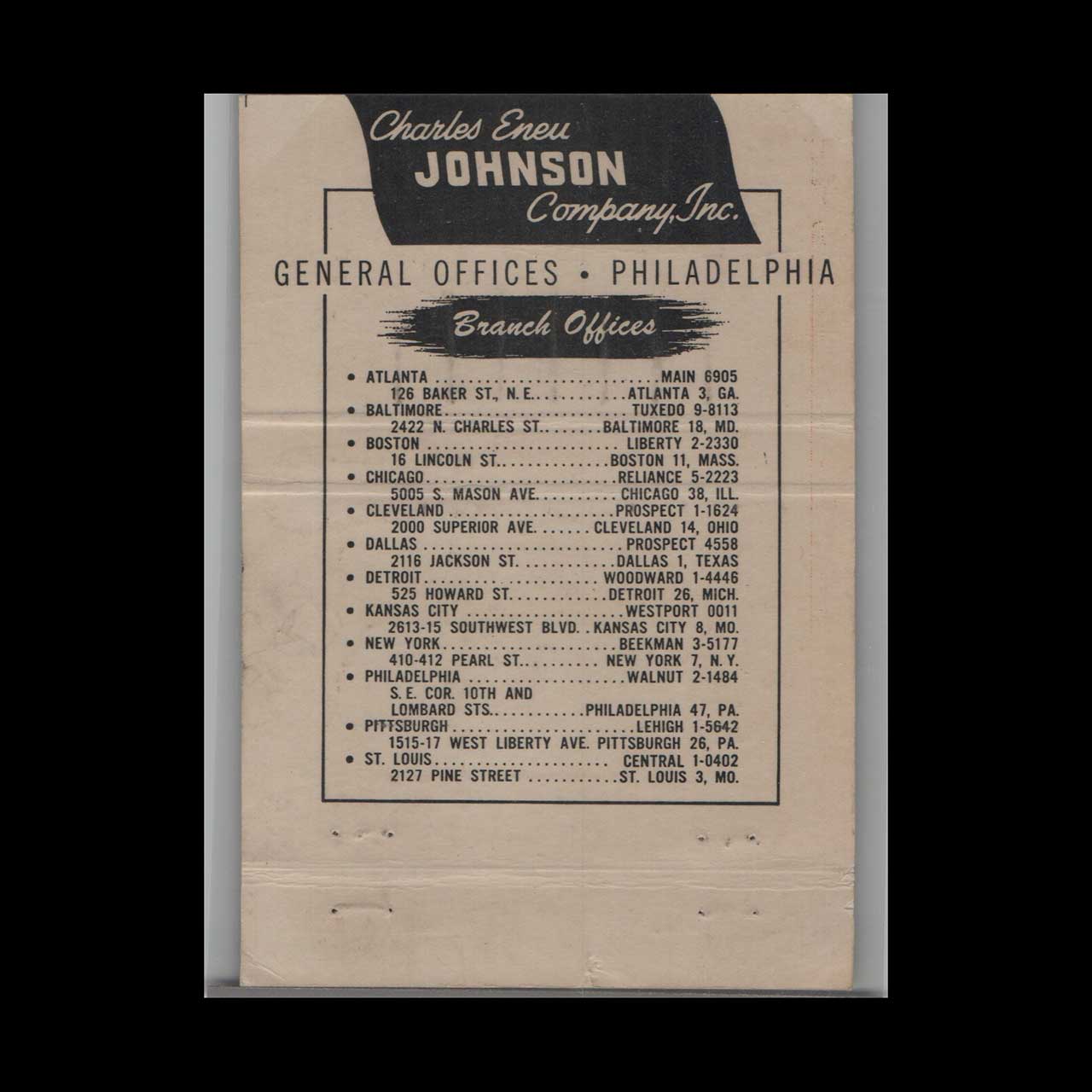 Matchbook Cover Charles Johnson Printing Company Philadelphia PA Matchbook Cover Charles Johnson Printing Company Philadelphia PA