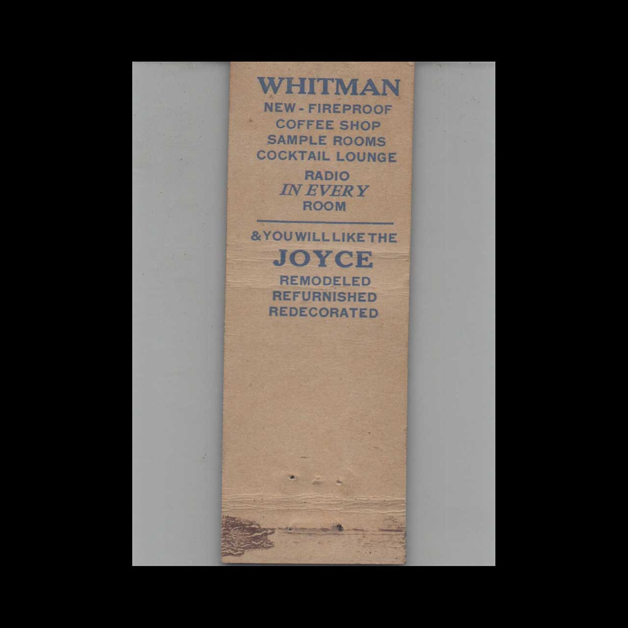 Matchbook Cover Federal Match Co Hotel Whitman Pueblo CO Matchbook Cover Federal Match Co Hotel Whitman Pueblo CO