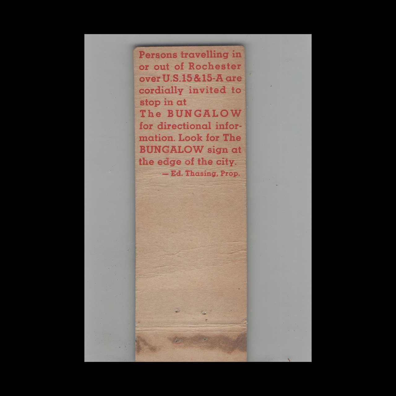 Matchbook Cover Federal Match Co The Bungalow Restaurant Rochester NY Matchbook Cover Federal Match Co The Bungalow Restaurant Rochester NY