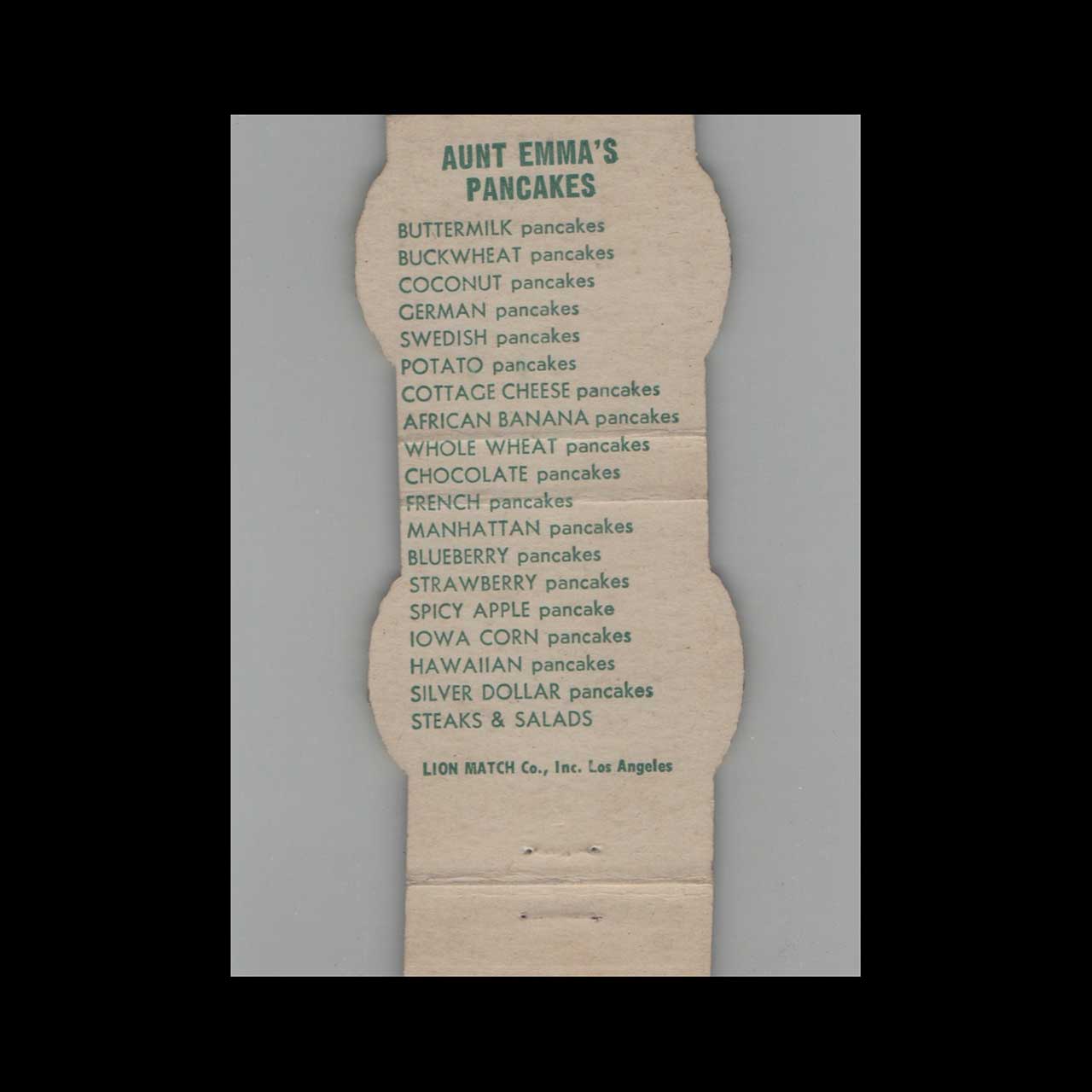 Aunt Emmas Pancakes Matchbook Cover Pacific Beach Aunt Emmas Pancakes Matchbook Cover Pacific Beach