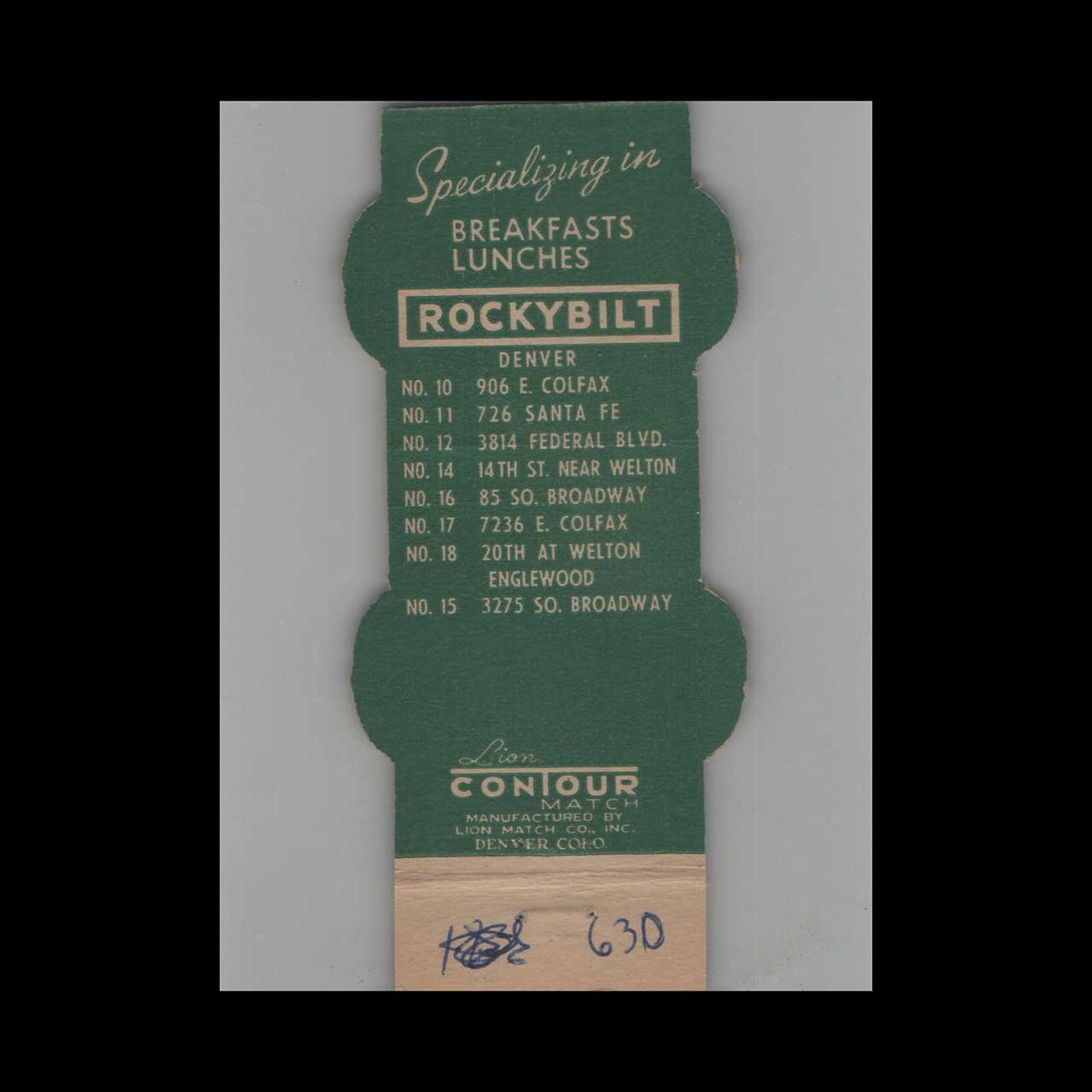Lion Contour Rockybilt Matchbook Cover Englewood CO Lion Contour Rockybilt Matchbook Cover Englewood CO
