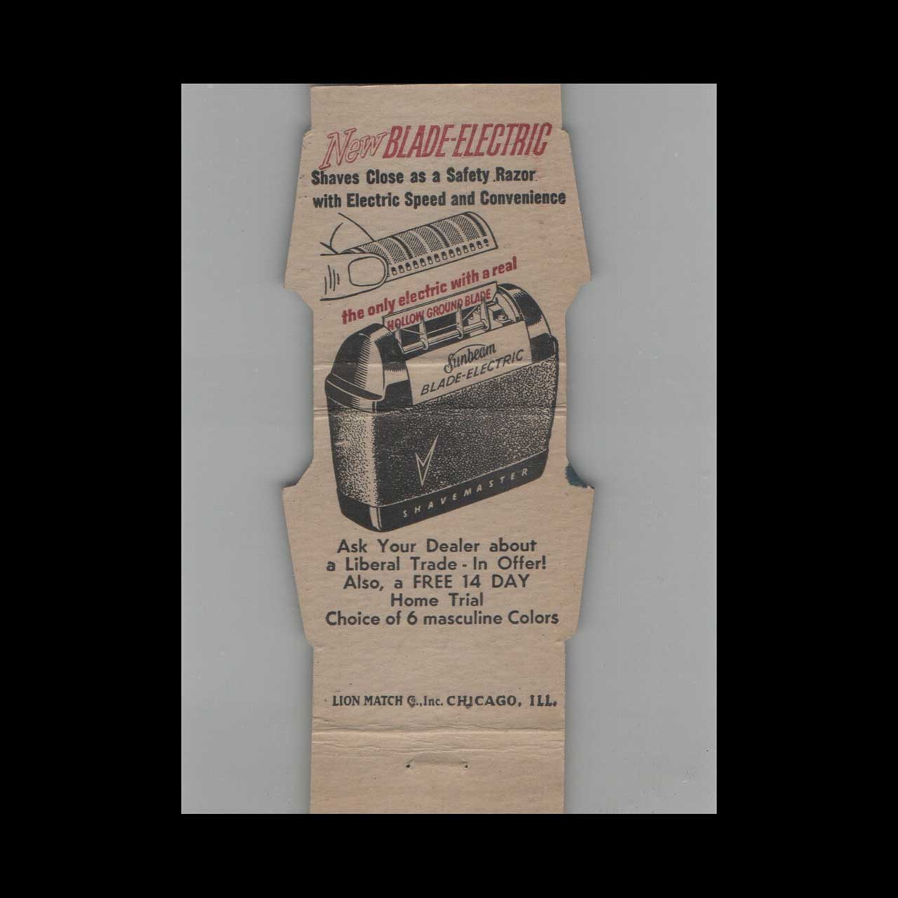 Sunbeam Shavemaster Electric Razor Matchbook Cover Sunbeam Shavemaster Electric Razor Matchbook Cover