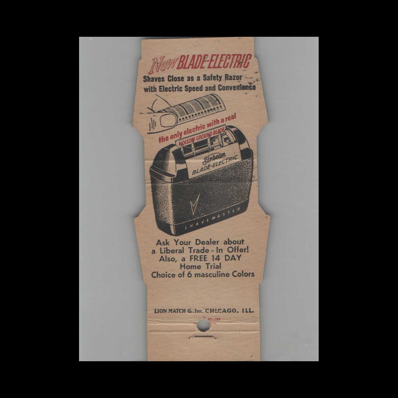 Sunbeam Shavemaster Electric Razor Matchbook Cover Sunbeam Shavemaster Electric Razor Matchbook Cover