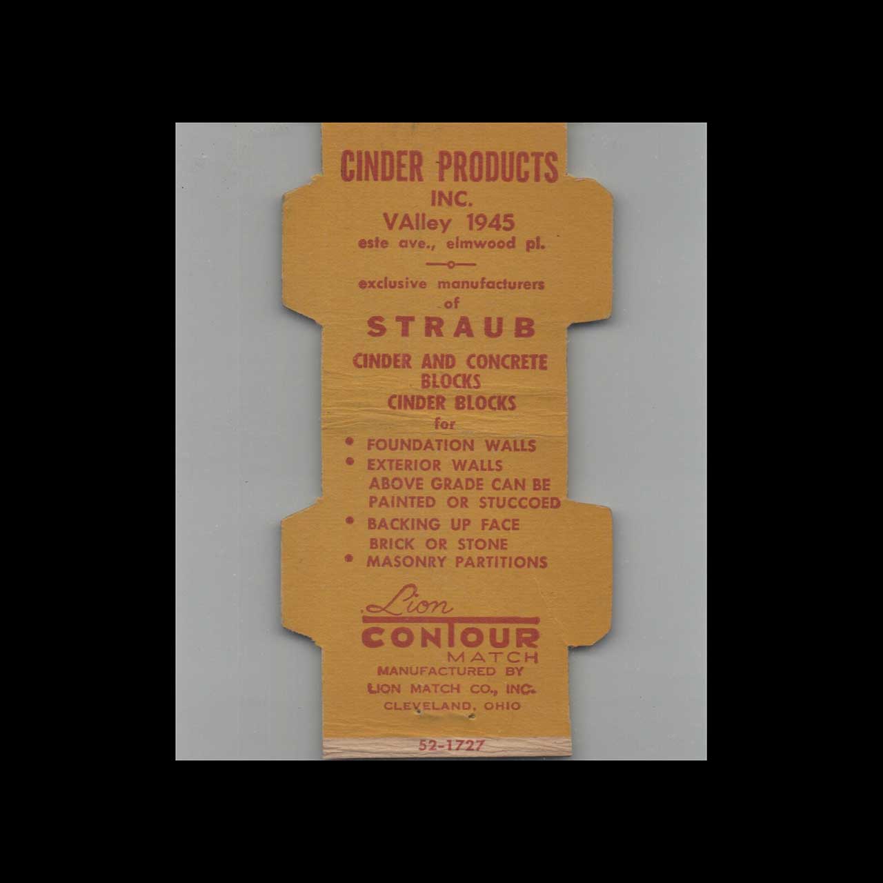 Straub Cinder Blocks Lion Matchbook Cover Cincinnati OH Straub Cinder Blocks Lion Matchbook Cover Cincinnati OH