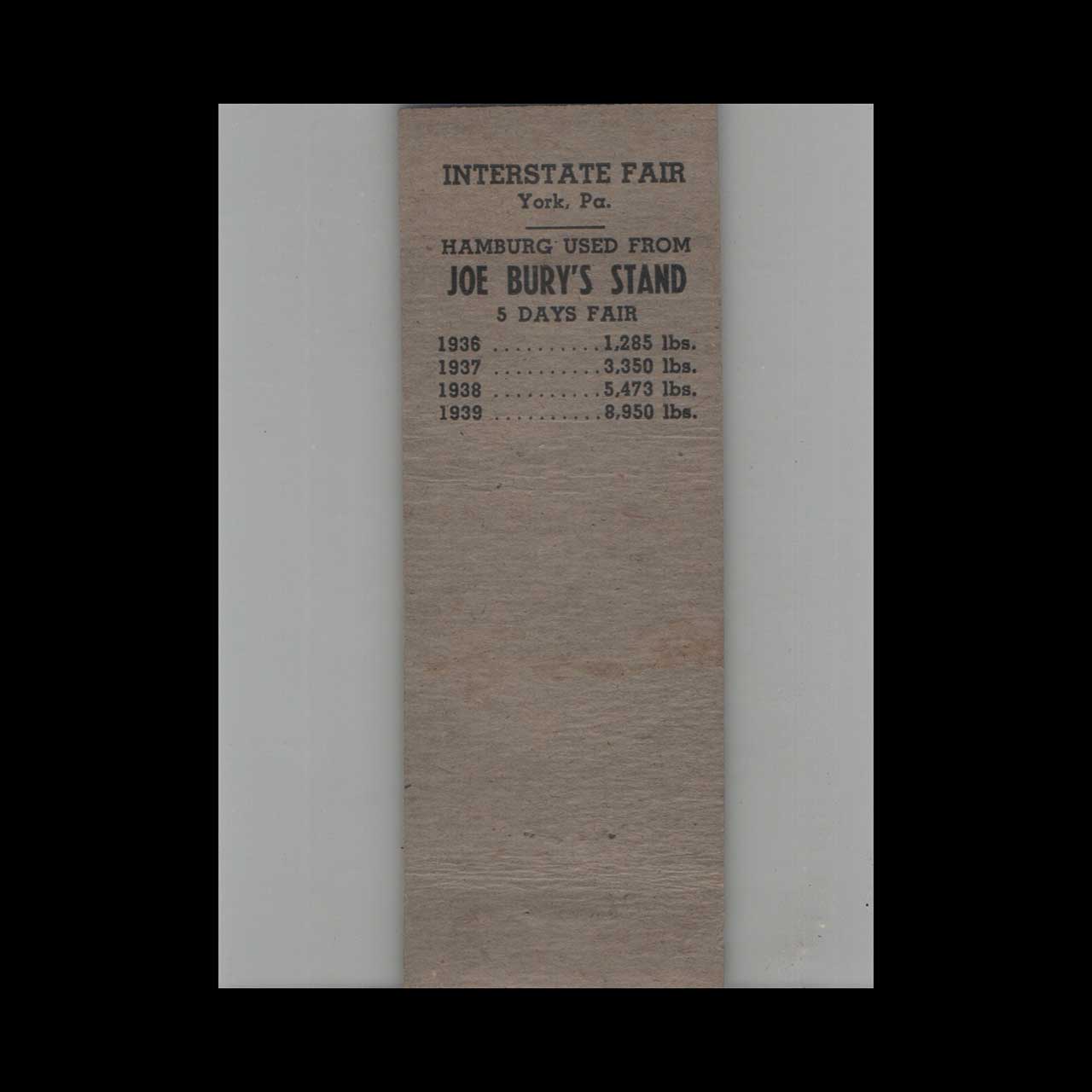 Joe Burys Famous Hamburgers Matchbook Cover York PA Joe Burys Famous Hamburgers Matchbook Cover York PA