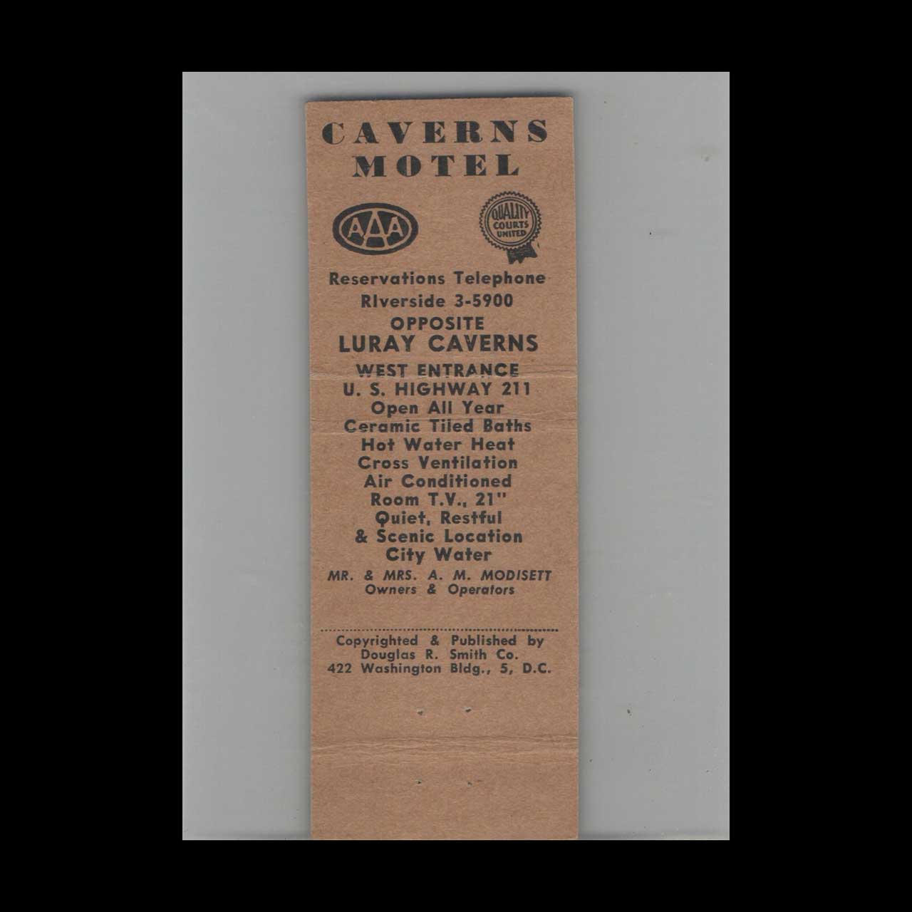 Full Length Matchbook Cover Caverns Motel Luray VA Full Length Matchbook Cover Caverns Motel Luray VA