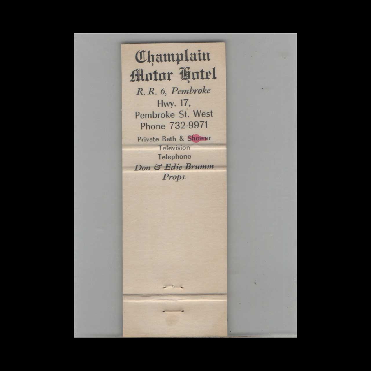 Full Length Matchbook Cover Champlain Motor Hotel Pembroke Full Length Matchbook Cover Champlain Motor Hotel Pembroke