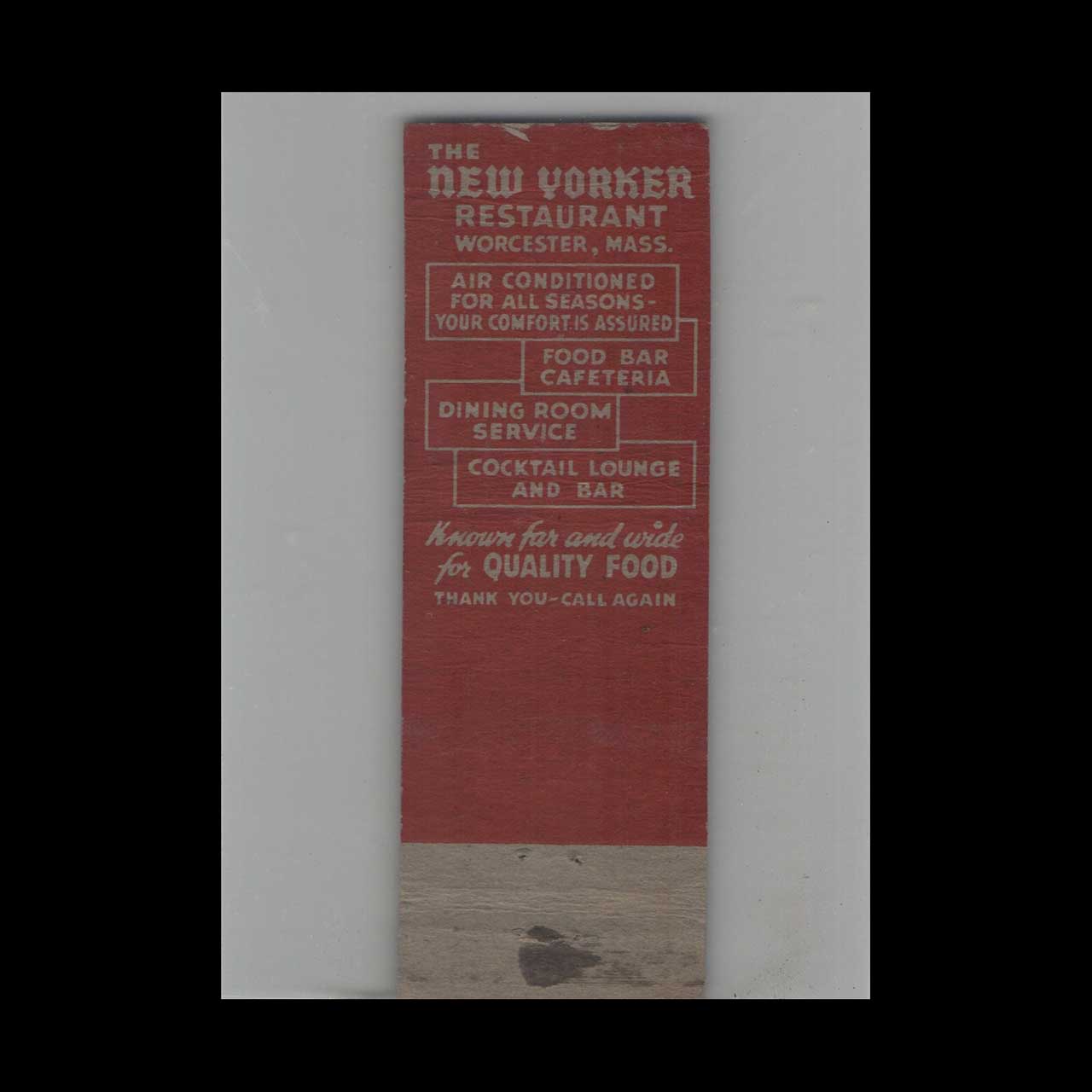 Full Length Matchbook Cover The New Yorker Restaurant Worcester MA Full Length Matchbook Cover The New Yorker Restaurant Worcester MA