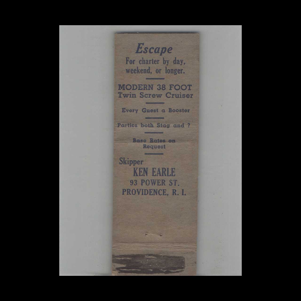 Full Length Matchbook Cover Escape Charter Boat Service Providence RI Full Length Matchbook Cover Escape Charter Boat Service Providence RI
