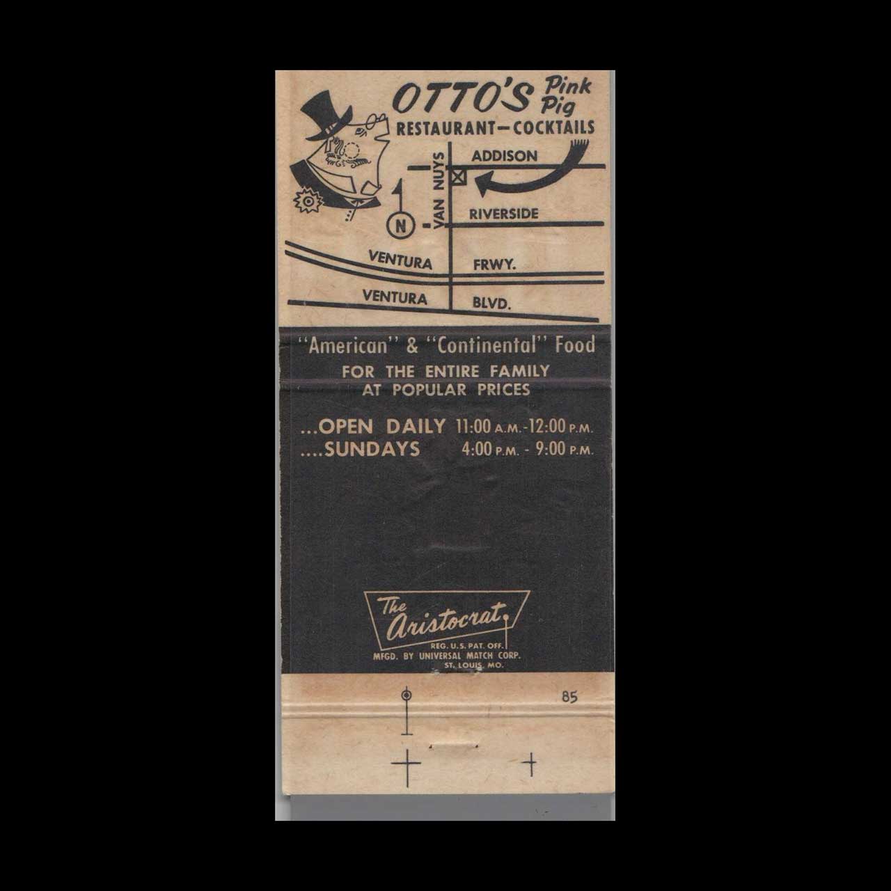 Pig Ottos Restaurant Matchbook Cover Van Nuys CA Pig Ottos Restaurant Matchbook Cover Van Nuys CA