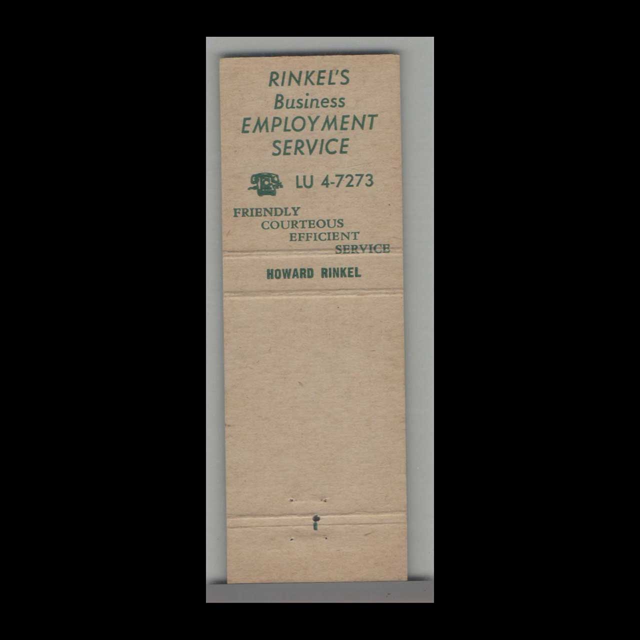 Rinkels Employment Service Matchbook Cover Kansas City Rinkels Employment Service Matchbook Cover Kansas City