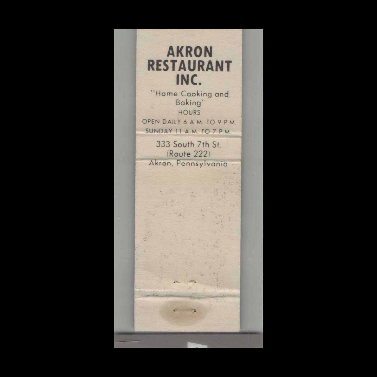 Akron Restaurant Matchbook Cover Akron PA Akron Restaurant Matchbook Cover Akron PA