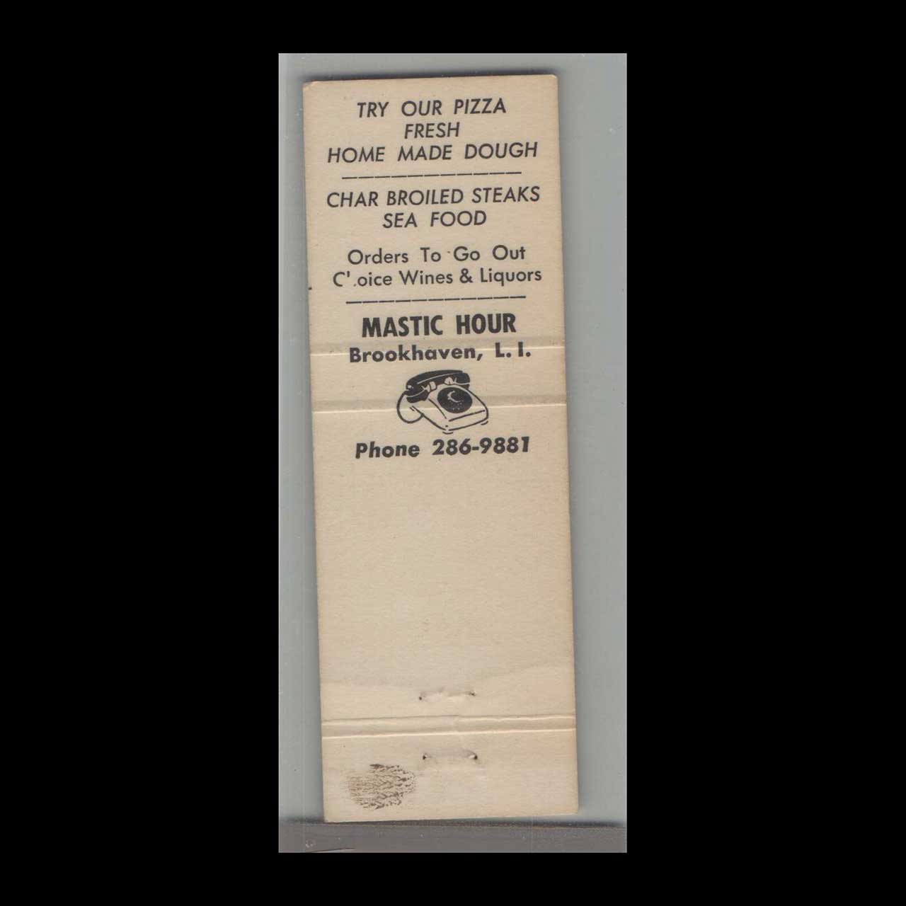 Mastic Hour Restaurant Matchbook Cover Brookhaven Long Island Mastic Hour Restaurant Matchbook Cover Brookhaven Long Island