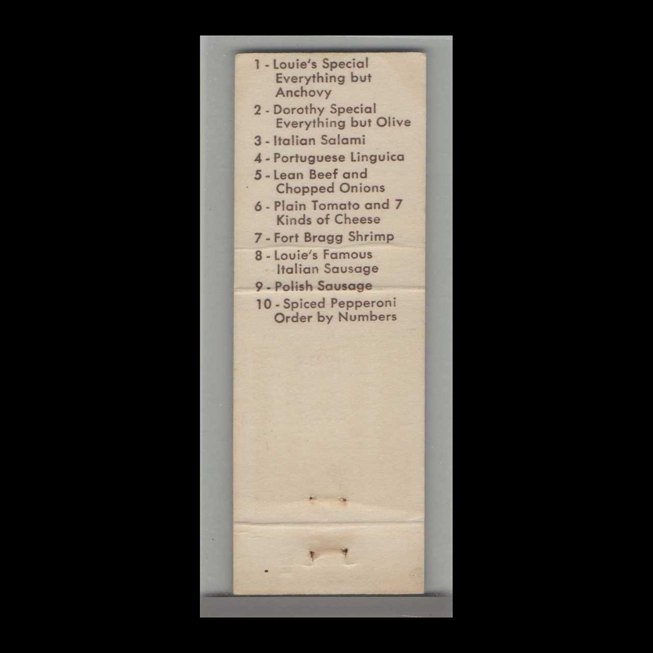 Louies Pizza Parlor Matchbook Cover Fort Bragg CA Louies Pizza Parlor Matchbook Cover Fort Bragg CA