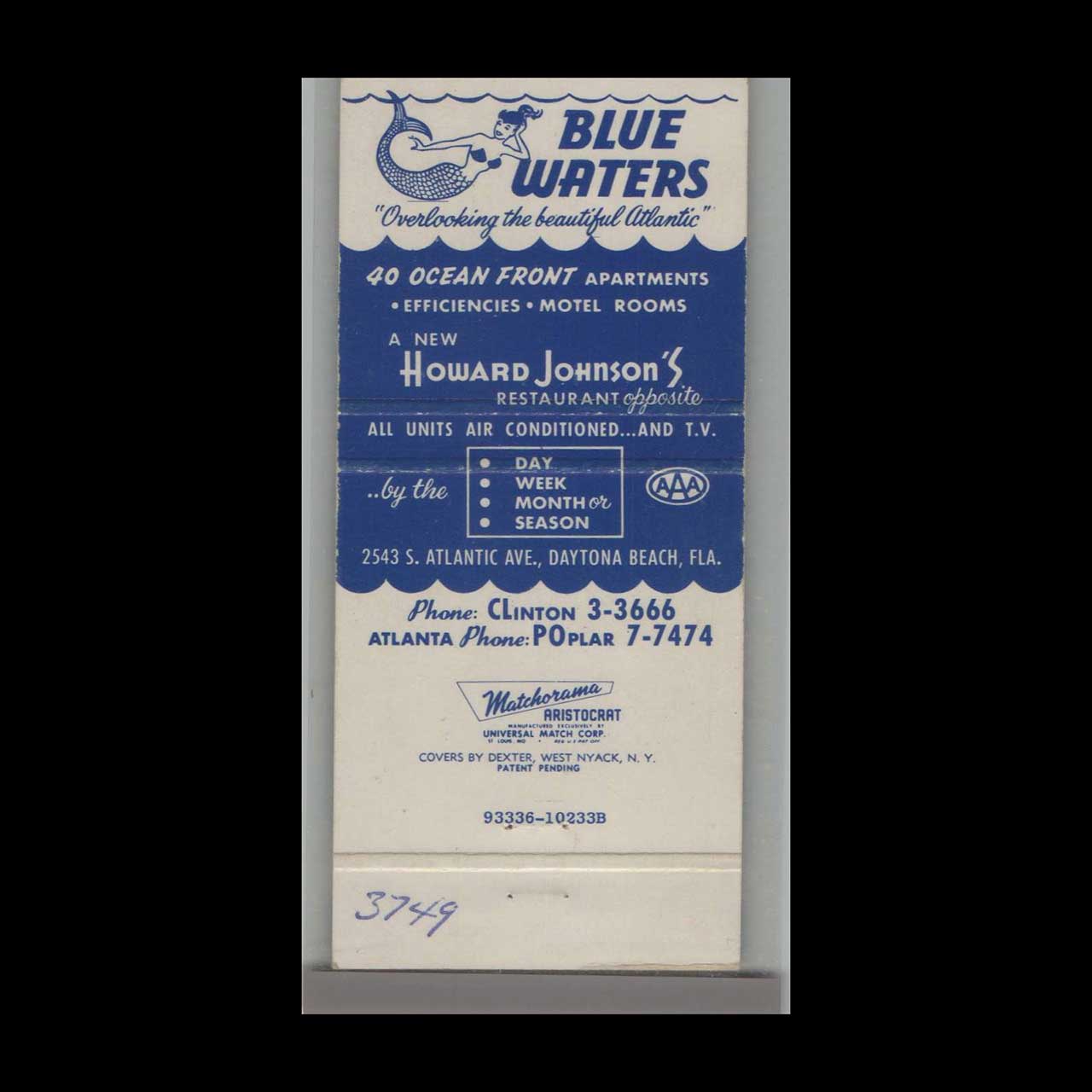 Matchbook Cover Blue Waters Motel Daytona Beach FL Matchbook Cover Blue Waters Motel Daytona Beach FL