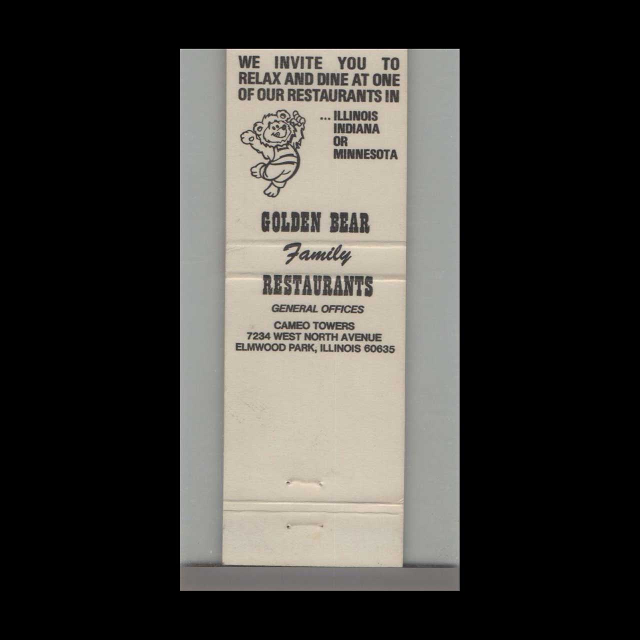 Golden Bear Family Restaurants Matchbook Cover Golden Bear Family Restaurants Matchbook Cover