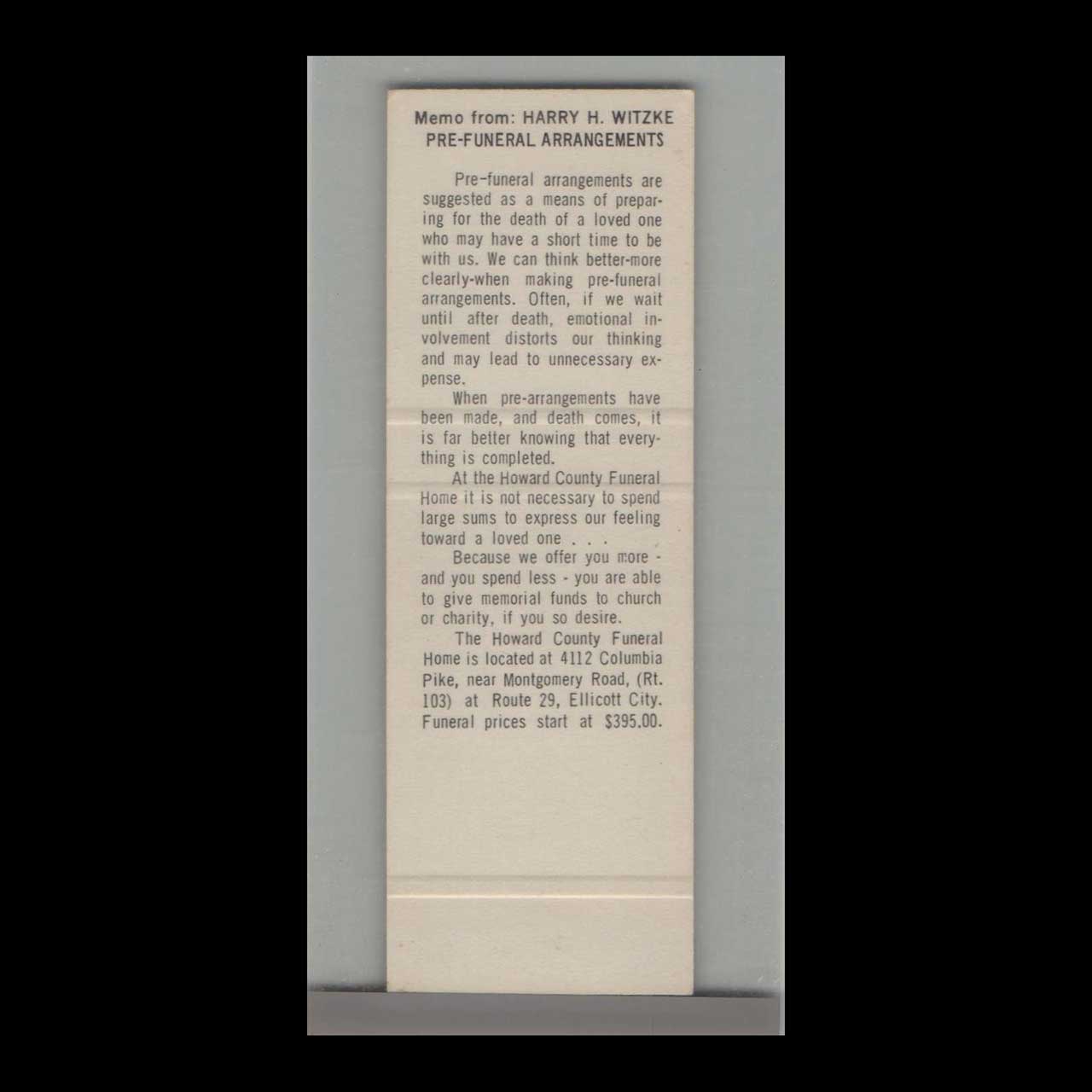 Howard County Funeral Home Matchbook Cover Ellicott City Howard County Funeral Home Matchbook Cover Ellicott City