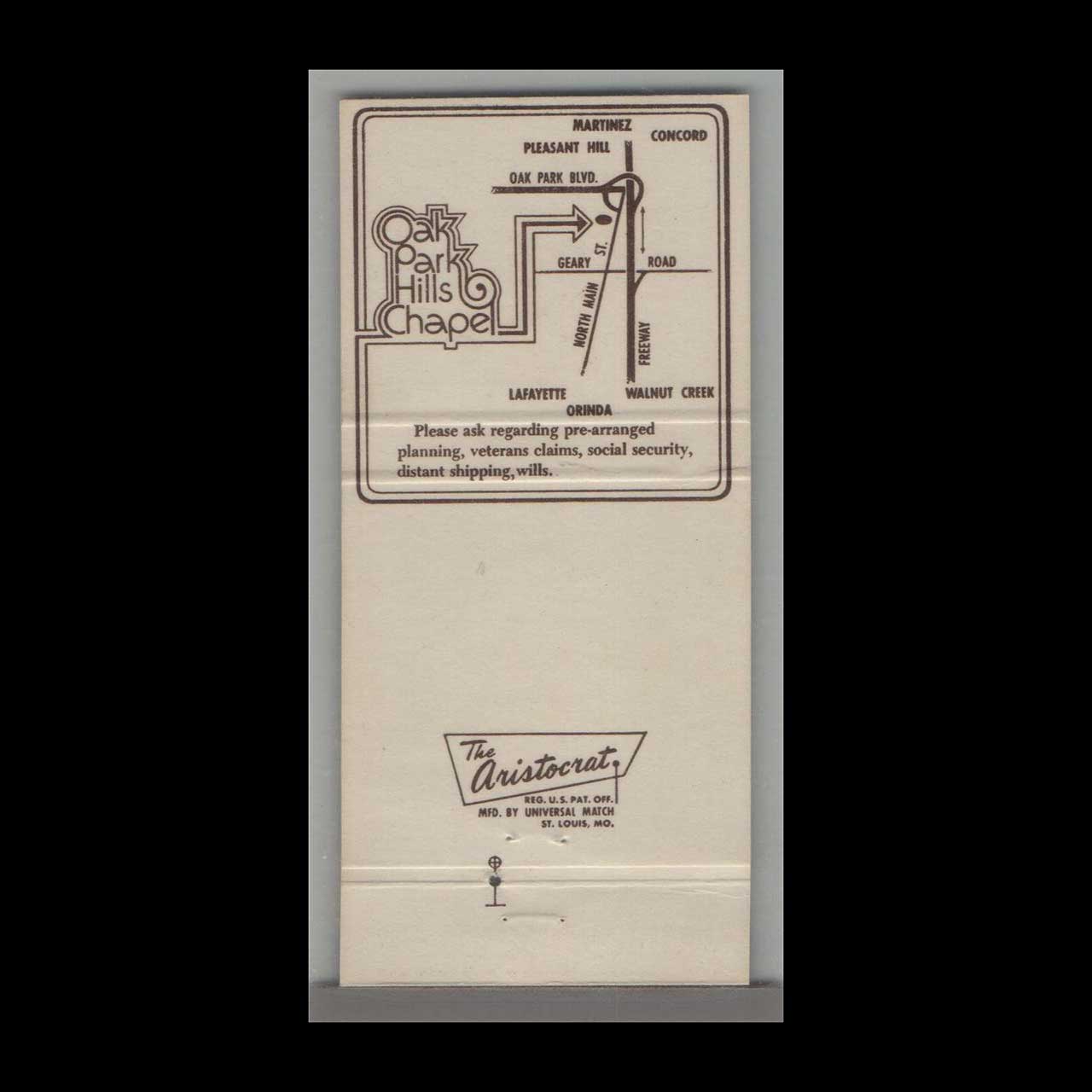 Oak Park Hills Chapel Walnut Creek Matchbook Cover Oak Park Hills Chapel Walnut Creek Matchbook Cover