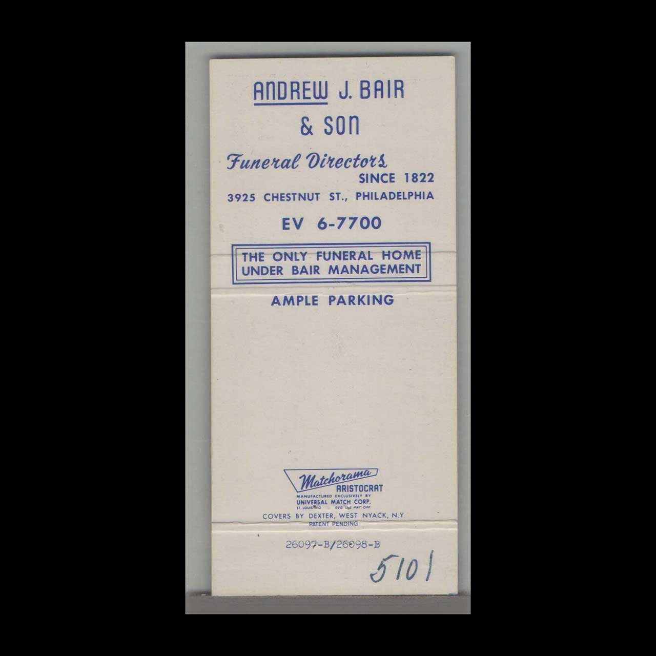 Andrew J Bair & Son Funeral Directors Matchbook Cover Andrew J Bair & Son Funeral Directors Matchbook Cover
