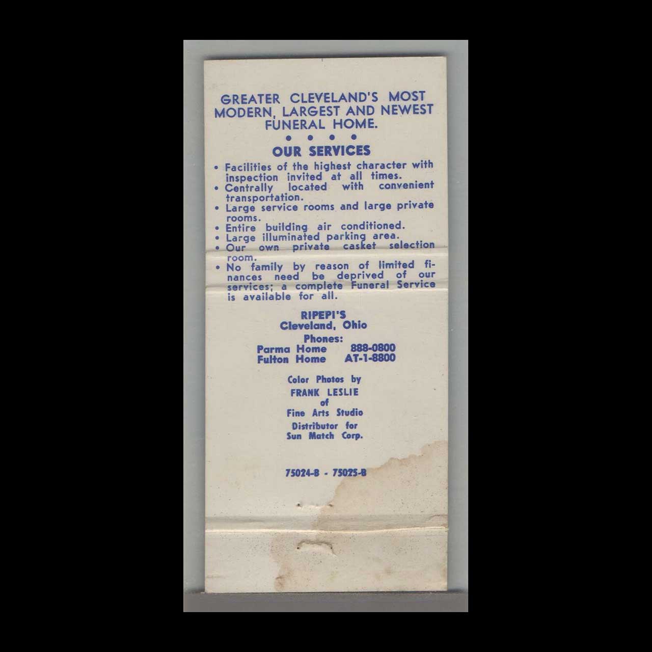 Ripepi Parma Funeral Home Matchbook Cover Cleveland Ripepi Parma Funeral Home Matchbook Cover Cleveland