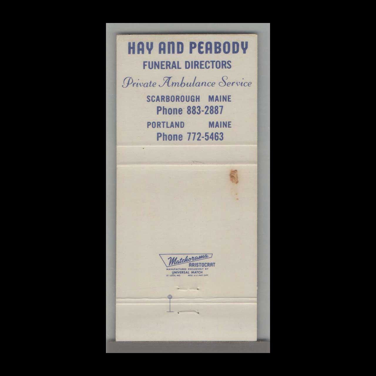 Hay & Peabody Funeral Directors Matchbook Cover Scarborough Hay & Peabody Funeral Directors Matchbook Cover Scarborough