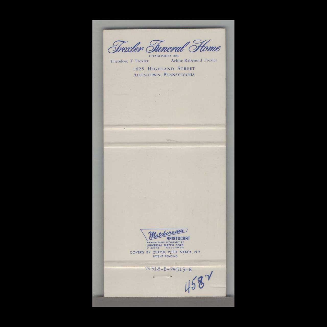 Trexler Funeral Home Matchbook Cover Allentown PA Trexler Funeral Home Matchbook Cover Allentown PA