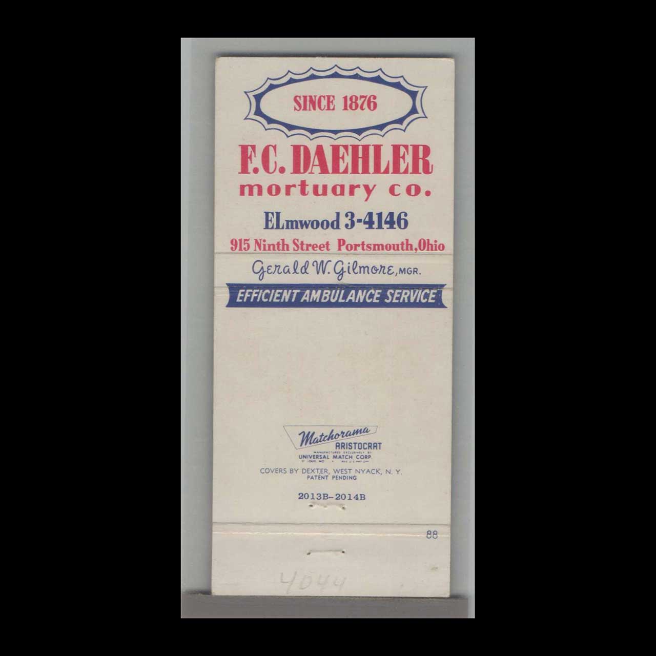 EC Daehler Mortuary Co Matchbook Cover Portsmouth OH EC Daehler Mortuary Co Matchbook Cover Portsmouth OH