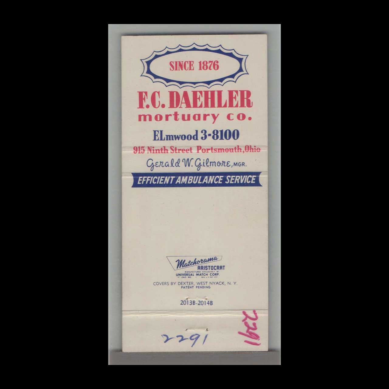 FC Daehler Mortuary Co Matchbook Cover Portsmouth OH FC Daehler Mortuary Co Matchbook Cover Portsmouth OH