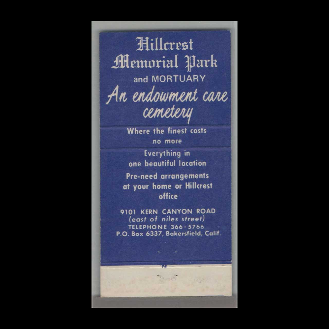Hillcrest Memorial Park & Mortuary Matchbook Cover Hillcrest Memorial Park & Mortuary Matchbook Cover