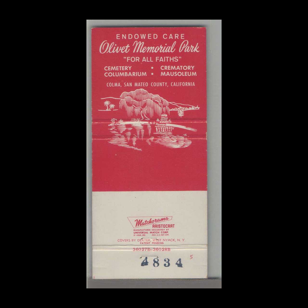 Olivet Memorial Park Matchbook Cover Colma CA Olivet Memorial Park Matchbook Cover Colma CA