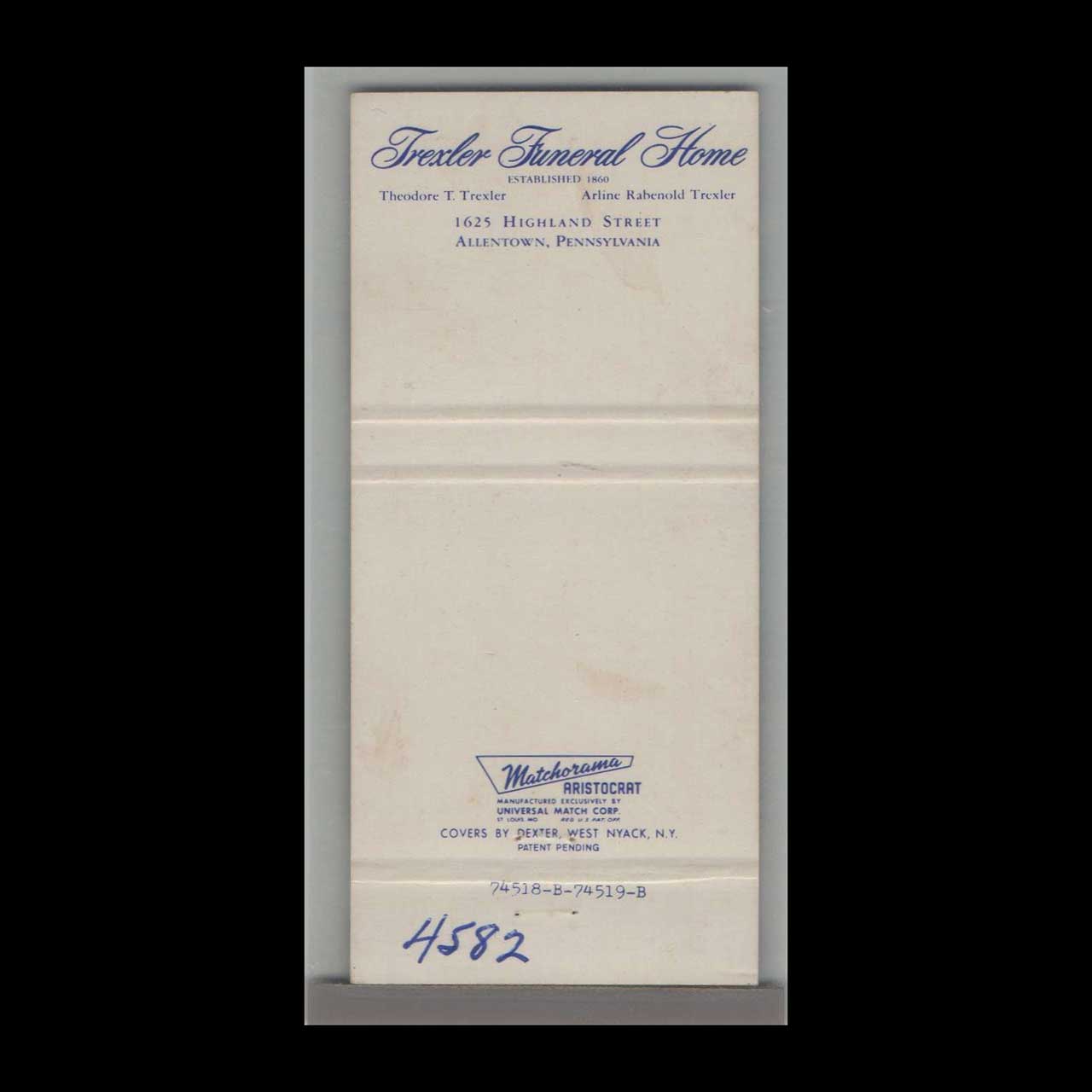 Trexler Funeral Home Matchbook Cover Allentown PA Trexler Funeral Home Matchbook Cover Allentown PA