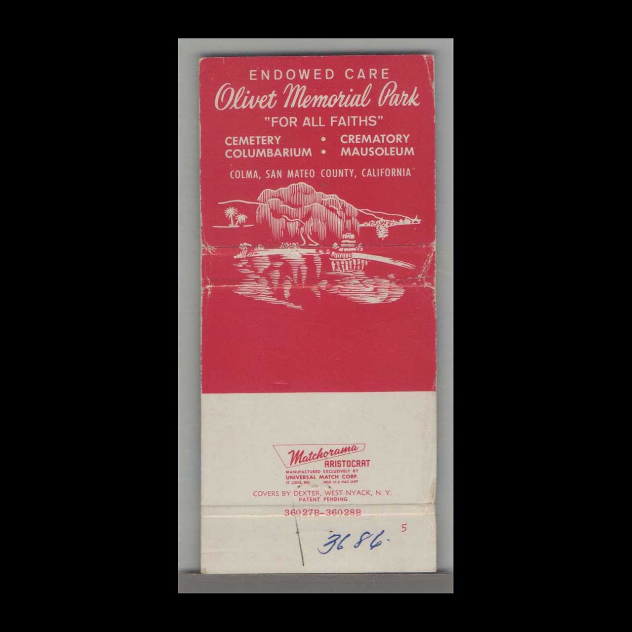Olivet Memorial Park Matchbook Cover Colma CA Olivet Memorial Park Matchbook Cover Colma CA