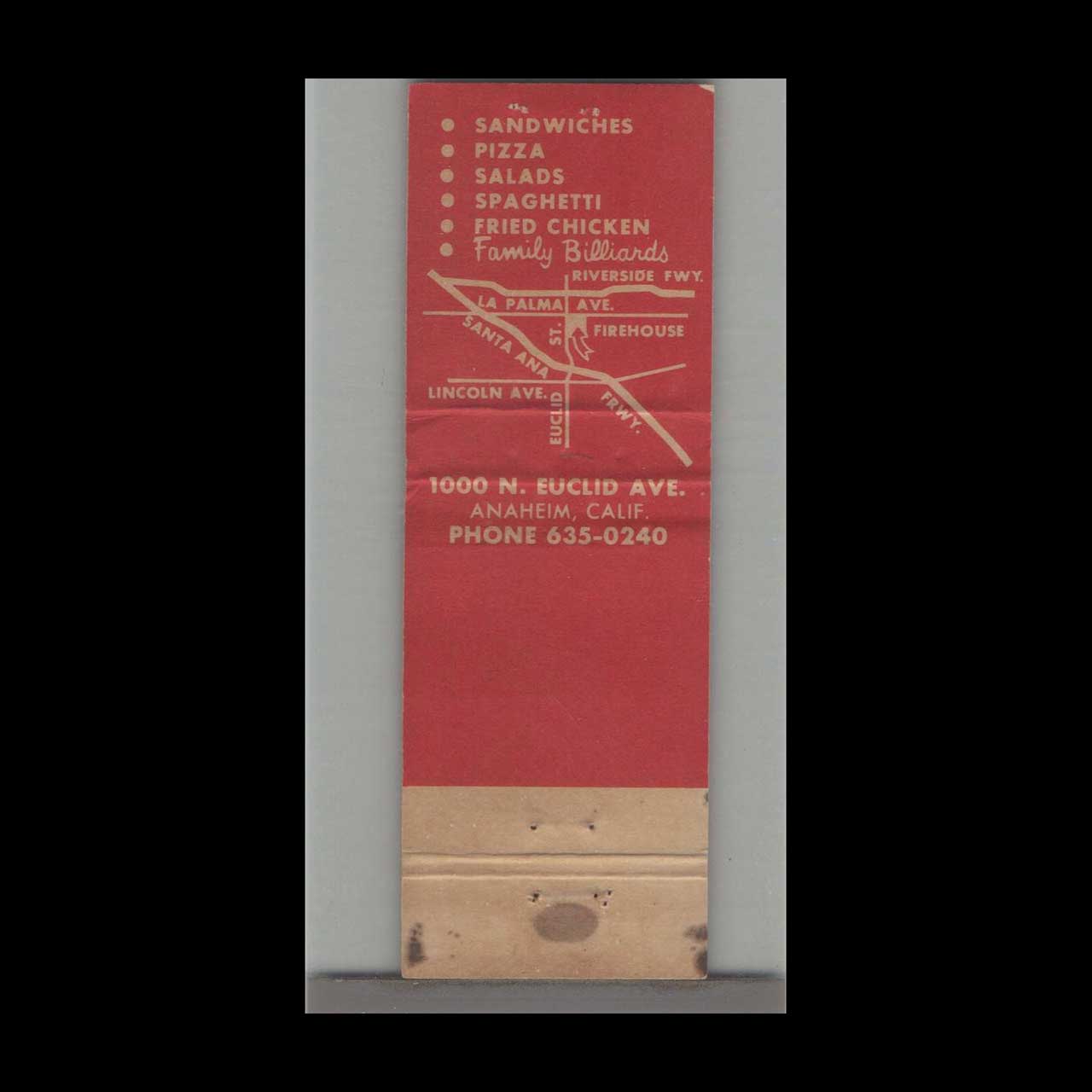 Firehouse Pizza Matchbook Cover Anaheim CA Firehouse Pizza Matchbook Cover Anaheim CA