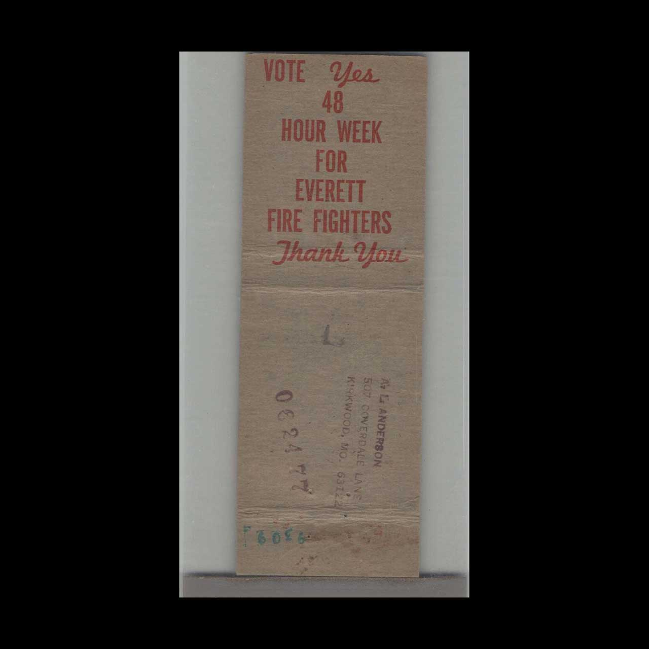 Vote Yes 48 Hour Work Week Firefighters Matchbook Cover Vote Yes 48 Hour Work Week Firefighters Matchbook Cover