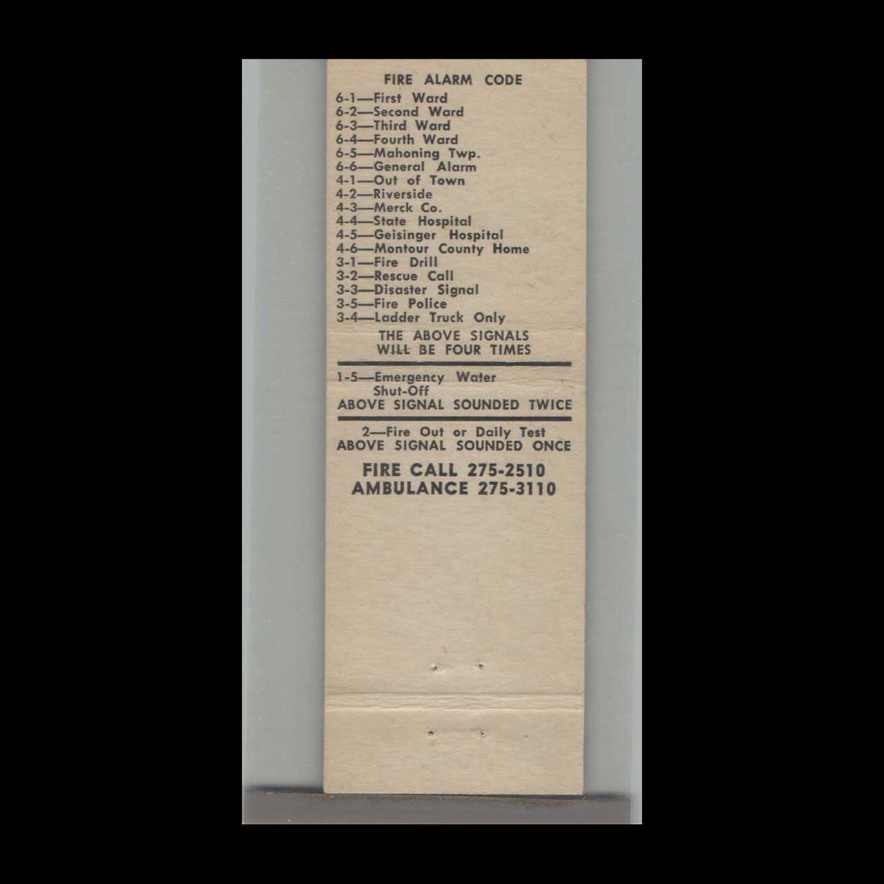 Continental Fire Co #3 Danville PA Matchbook Cover Continental Fire Co #3 Danville PA Matchbook Cover