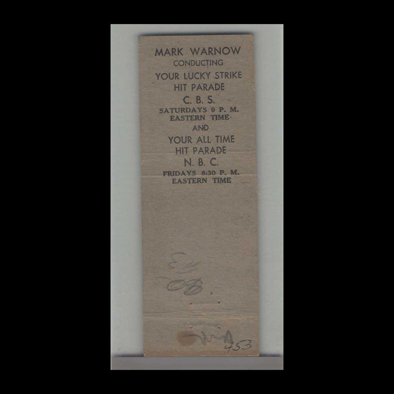 Lucky Strike Hit Parade Matchbook Cover Mark Warnow Director Lucky Strike Hit Parade Matchbook Cover Mark Warnow Director