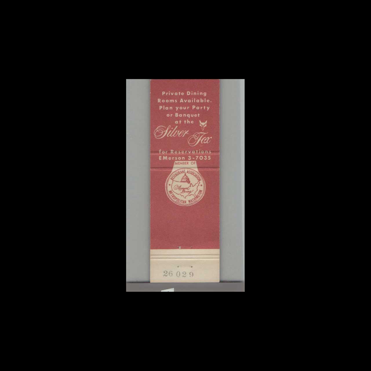 Silver Fox Restaurant Matchbook Cover Washington DC Silver Fox Restaurant Matchbook Cover Washington DC