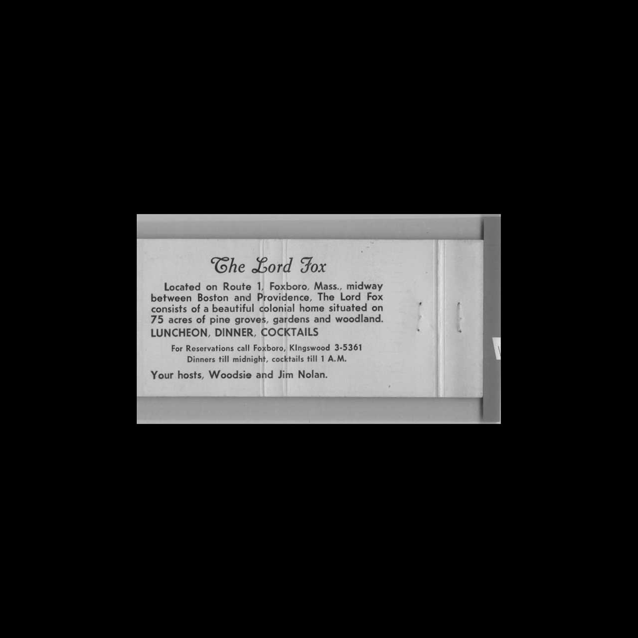 The Lord Fox Restaurant Matchbook Cover Foxboro MA The Lord Fox Restaurant Matchbook Cover Foxboro MA