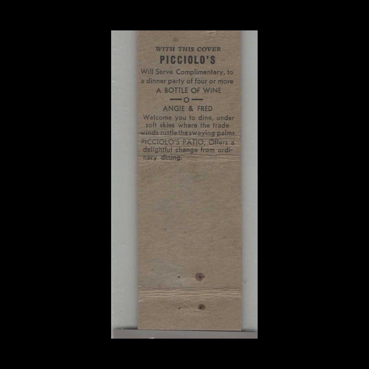 Picciolos Restaurant Miami Beach Matchbook Cover Picciolos Restaurant Miami Beach Matchbook Cover