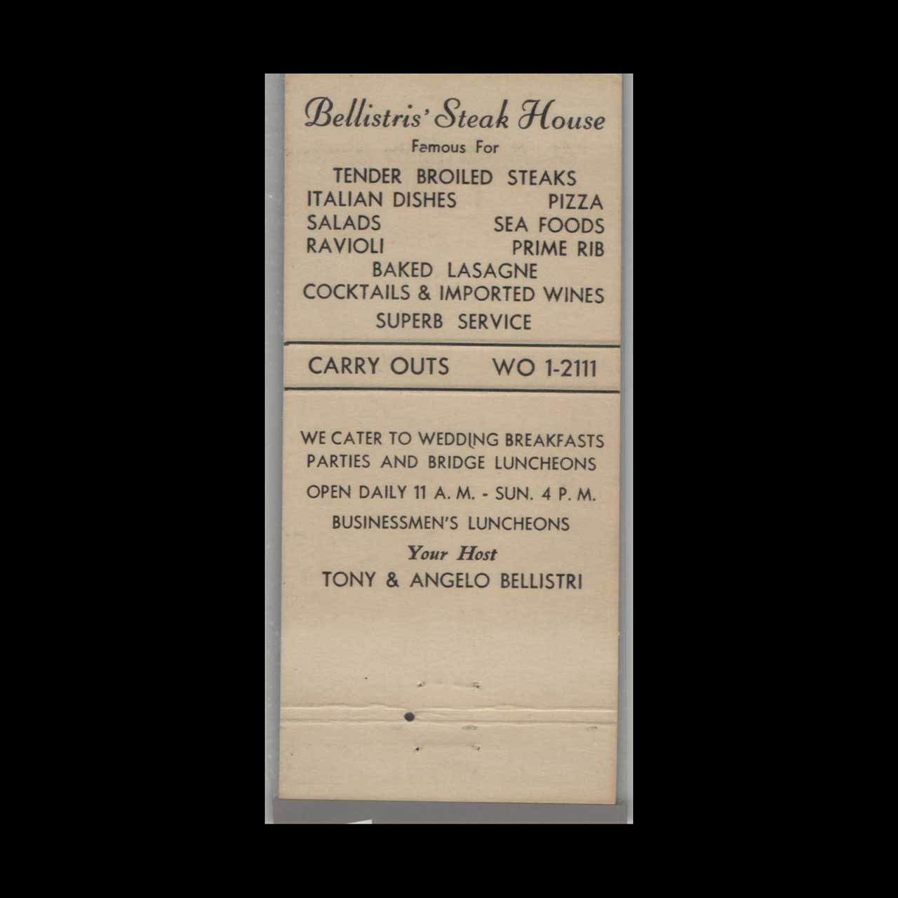 Bellistris Pizza St Louis Route 66 Matchbook Cover Bellistris Pizza St Louis Route 66 Matchbook Cover