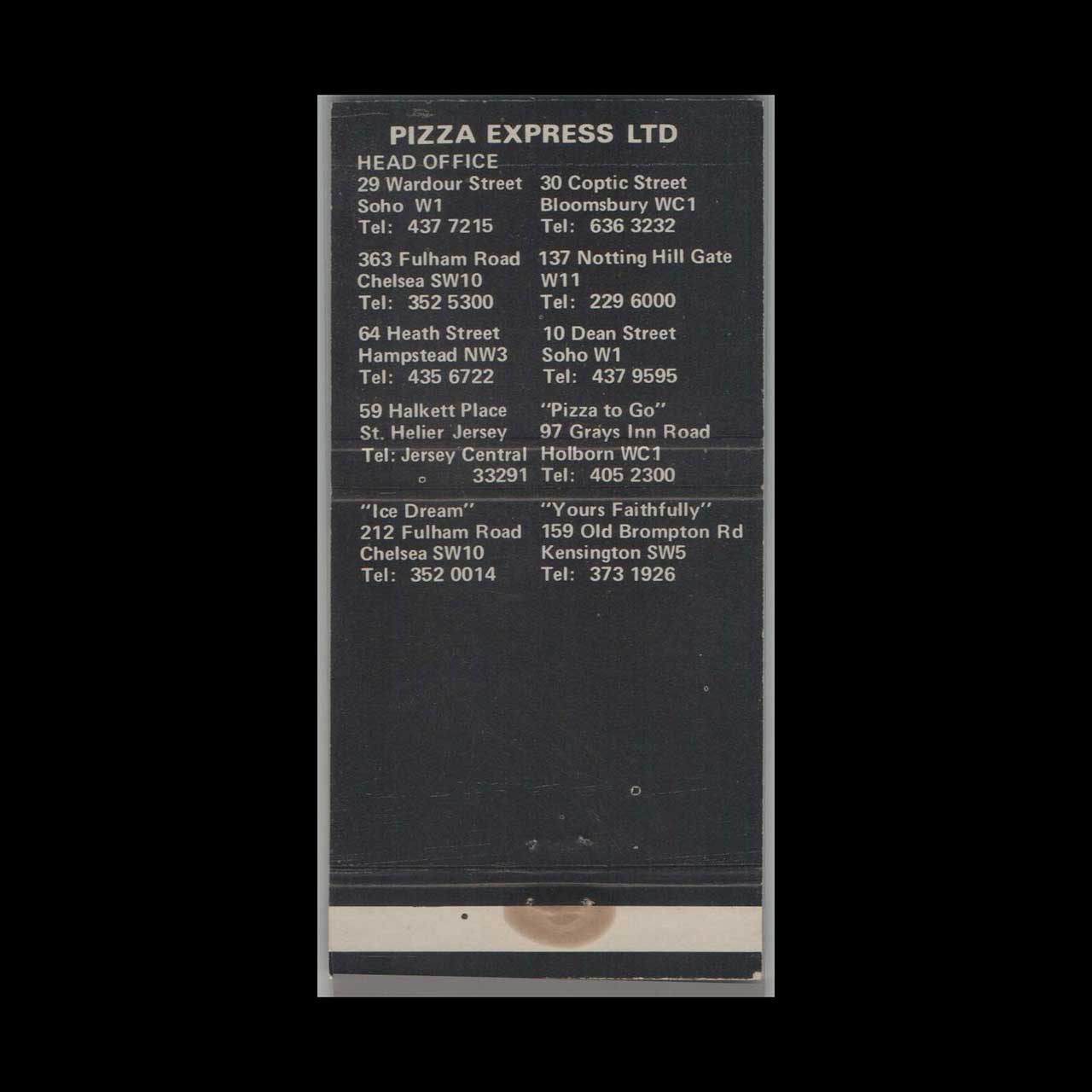 Pizza Express Bloomsbury WC1 Matchbook Cover Pizza Express Bloomsbury WC1 Matchbook Cover