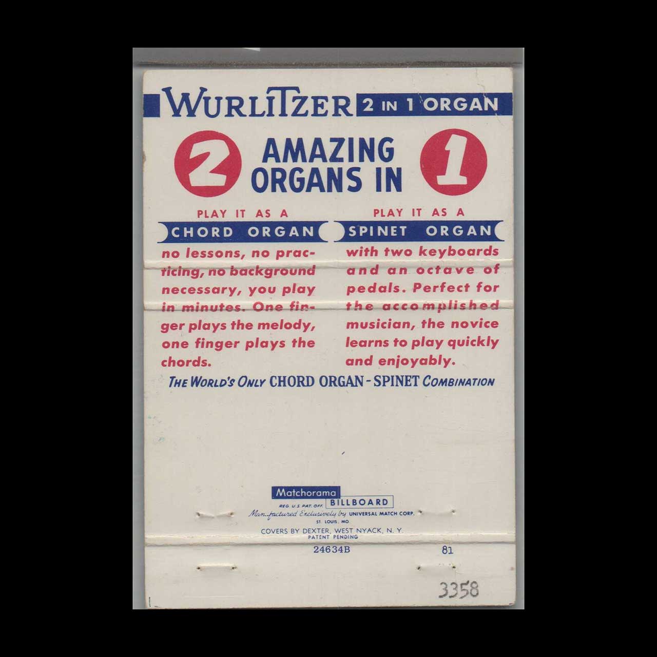 Wurlitzer Organ Dealer Matchbook Cover York PA Wurlitzer Organ Dealer Matchbook Cover York PA