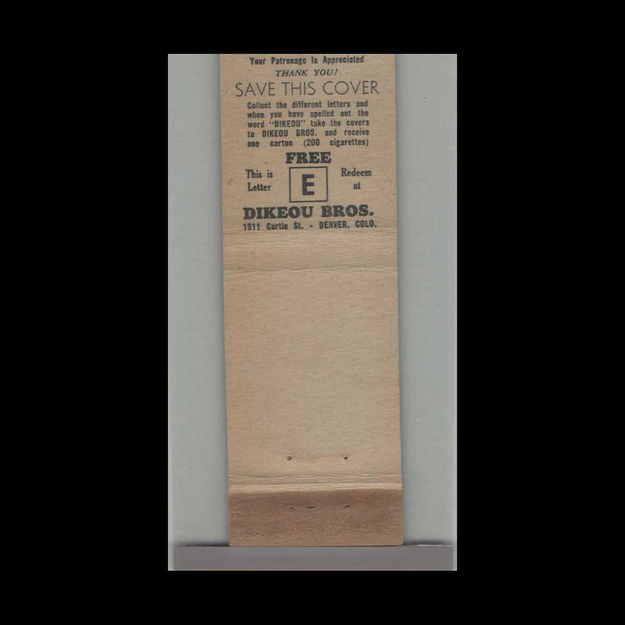 Dikeou Brothers Candy & Tobacco Matchbook Cover Denver Dikeou Brothers Candy & Tobacco Matchbook Cover Denver
