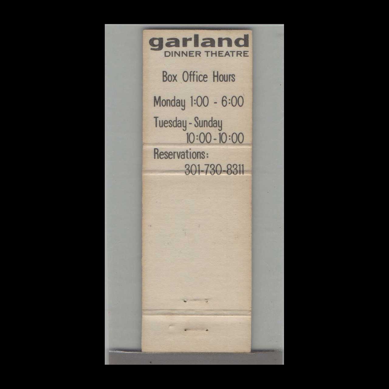 Garland Dinner Theatre Matchbook Cover Columbia MD Garland Dinner Theatre Matchbook Cover Columbia MD
