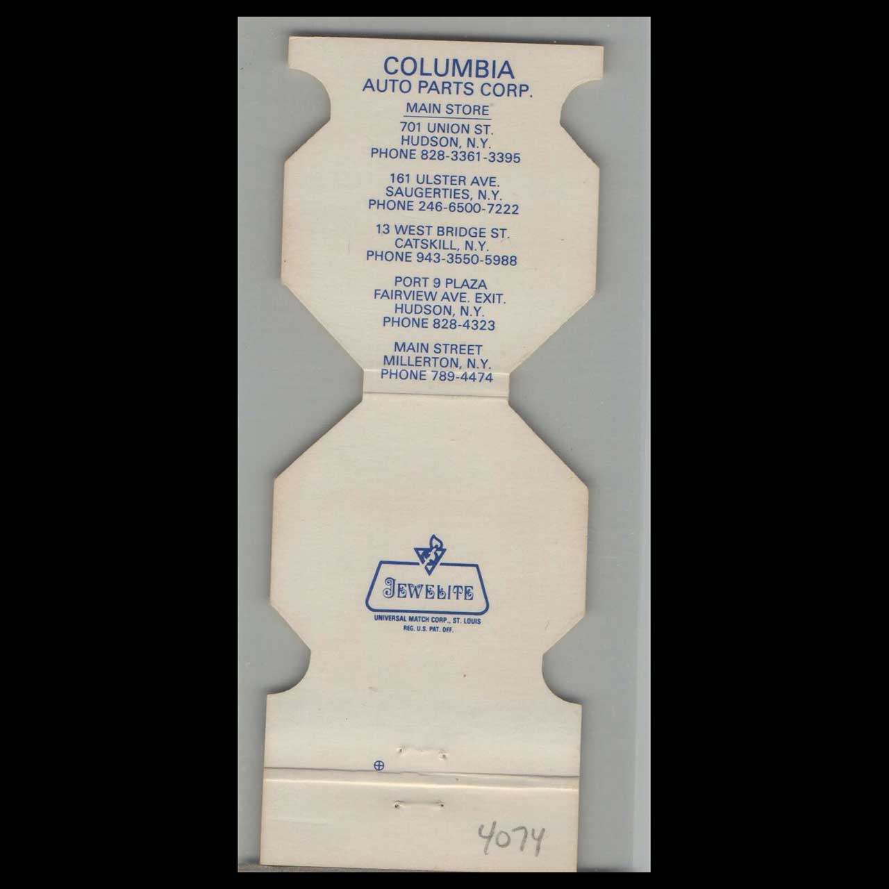 Columbia Auto Parts Matchbook Cover Hudson Valley NY Columbia Auto Parts Matchbook Cover Hudson Valley NY